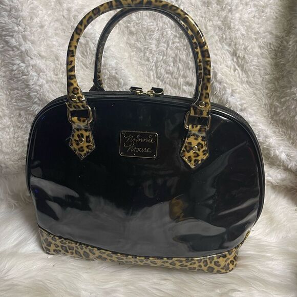 Loungefly Disney Minnie Mouse Dome Satchel synthetic patent black& leopard print - Picture 2 of 16